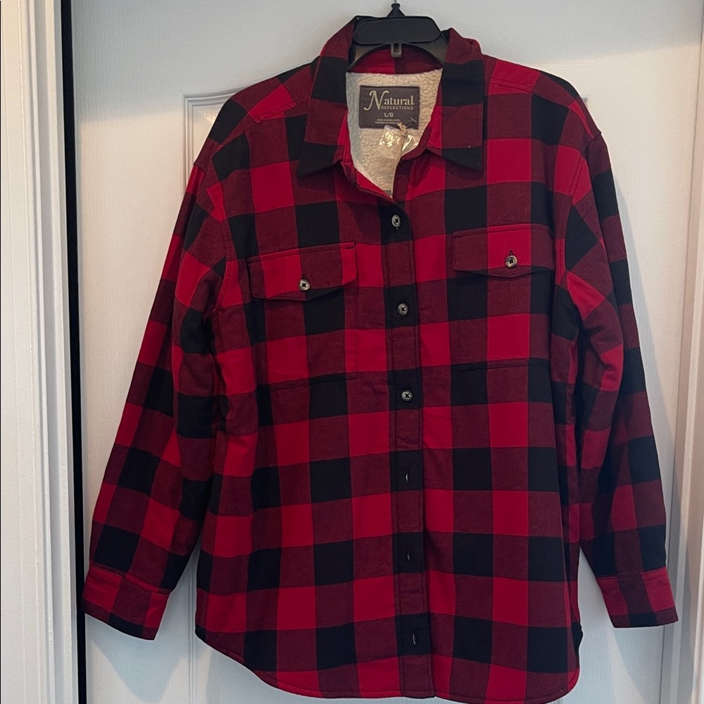 Natural Reflections Cozy White Sherpa Lined Flannel Long Sleeve Shirt